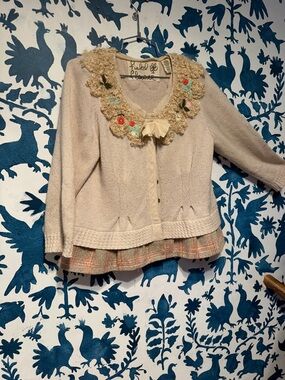 Field and Flower - Anthropologie Floral Crochet Collar Cardigan w/tweed peplum